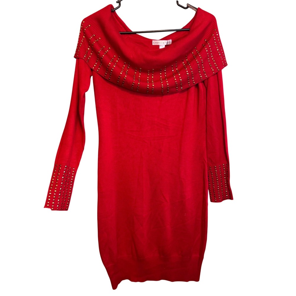 Emma & Posh Womens Studded Off The Shoulder Long Sleeve Sweater Dress Red Medium